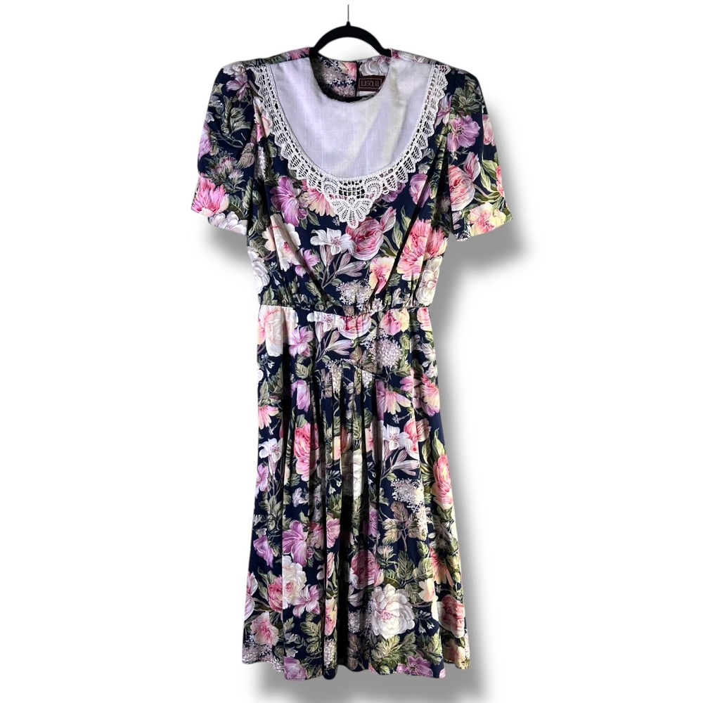 Lisa II LTD Womens Sz 12 Floral Midi Dress Lace Collar Cottagecore Union Made‎